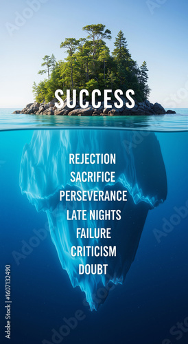 Iceberg of Success Reveals Hidden Struggles Beneath the Surface: Rejection, Doubt, Sacrifice and Perseverance