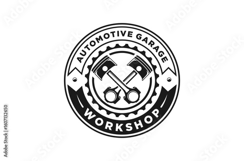Automotive garage workshop logo design. Features crossed pistons emblem. Vector illustration.