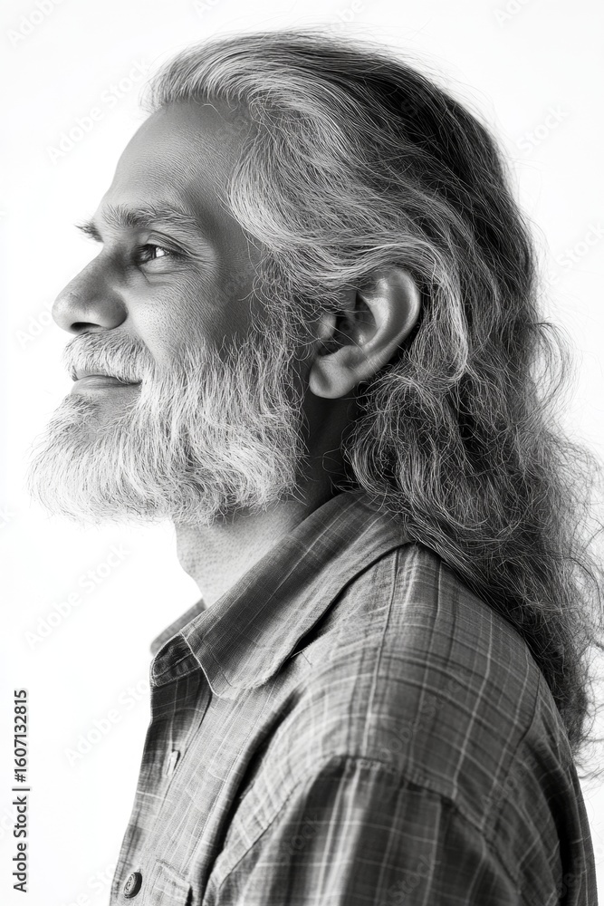 Obraz premium Conceptual art concept art of style for aging men. A happy man in a studio photo. Pure white solid background. Fashionable men's layered cut haircut - midlife indian man with long hair.