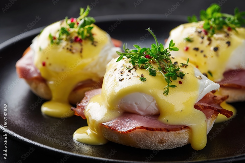 Three eggs benedict served atop English muffins, ham, and hollandaise Three eggs benedict served atop English muffins, ham, and hollandaise