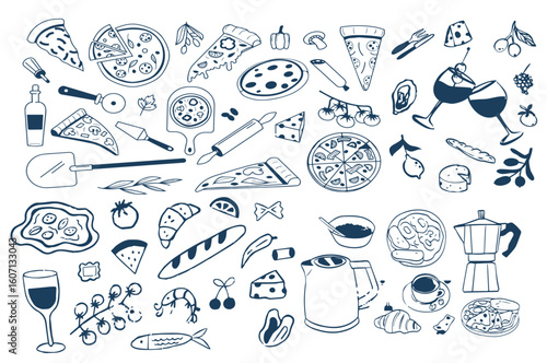 Set of  Italian pizza slices and ingredients stock illustration