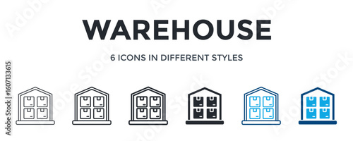 Warehouse Icon In Different Style Vector Illustration. Designed In Thin Line, Regular Line, Bold Line, Glyph, Color Line, And Color Glyph Style Can Be Used For Web