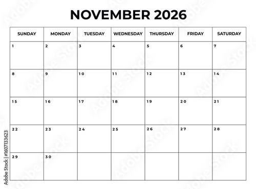 Printable November 2026 Calendar with Daily Boxes Week Starts from Sunday