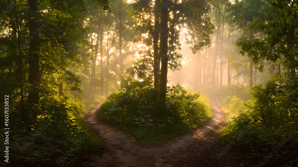 Fototapeta premium A misty forest with diverging paths, bathed in golden light filtering through trees.