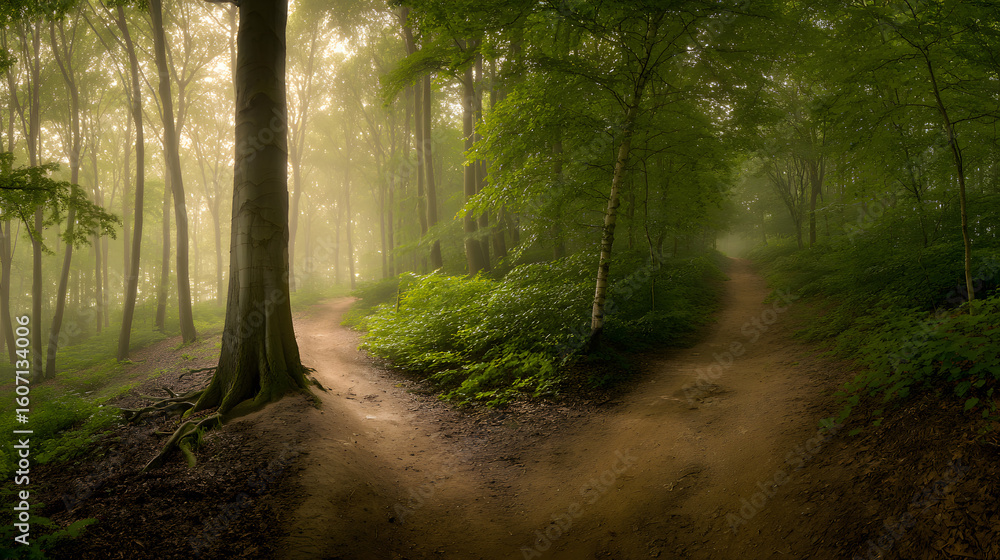 Obraz premium A misty forest with diverging paths, bathed in golden light filtering through trees.