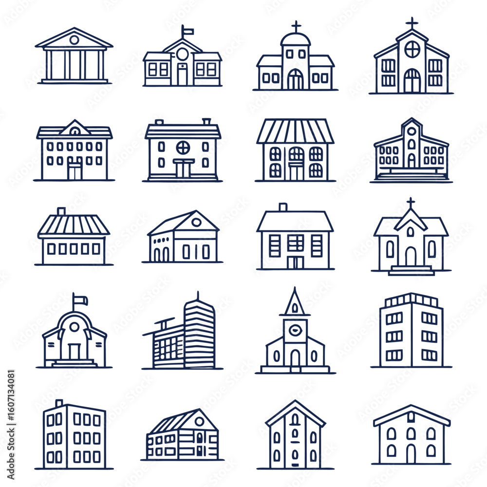 Fototapeta premium Minimal Line Icons Set of Buildings and Architectural Structures.