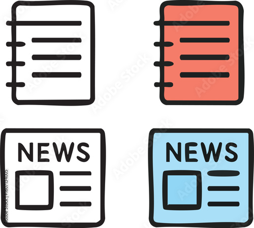 Four hand-drawn doodle icons of spiral notepads and newspapers, shown in outline and color versions.