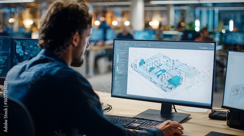 Mechanical engineer working on a 3D CAD model on a computer in a high-tech office. Concept : Engineering design, computer-aided design (CAD), technology, innovation, product development.