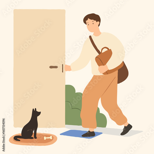 Man entering home and greeting black cat on mat by door  