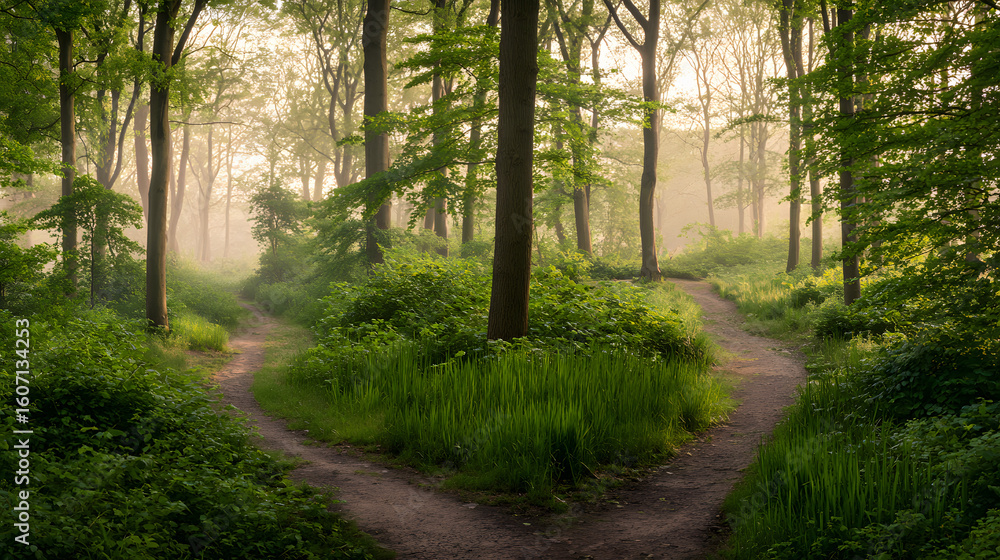 Obraz premium A misty forest with diverging paths, bathed in golden light filtering through trees.