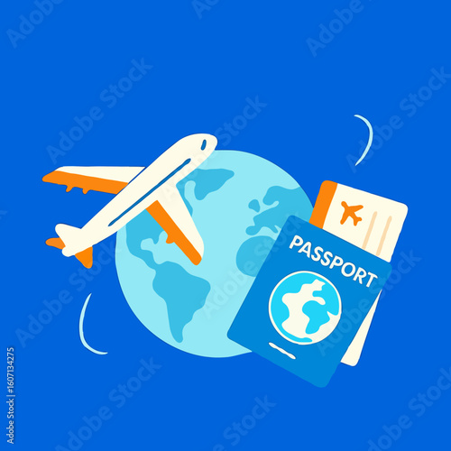 Airplane flying over globe with passport and ticket on blue background  