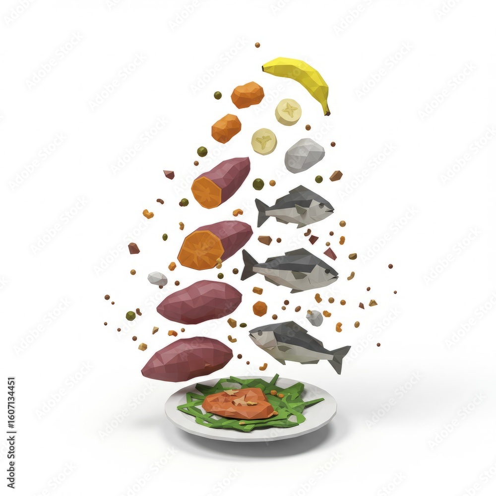 Naklejka premium Low Poly Food Cascade Fish Sweet Potato Banana and Greens on White