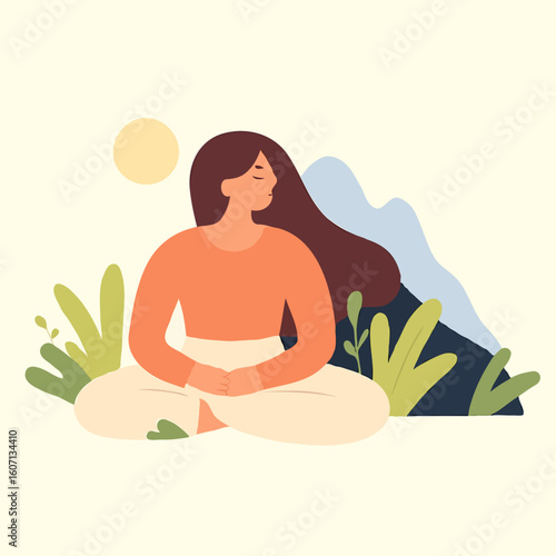 Woman meditating peacefully in nature with mountains and sun  