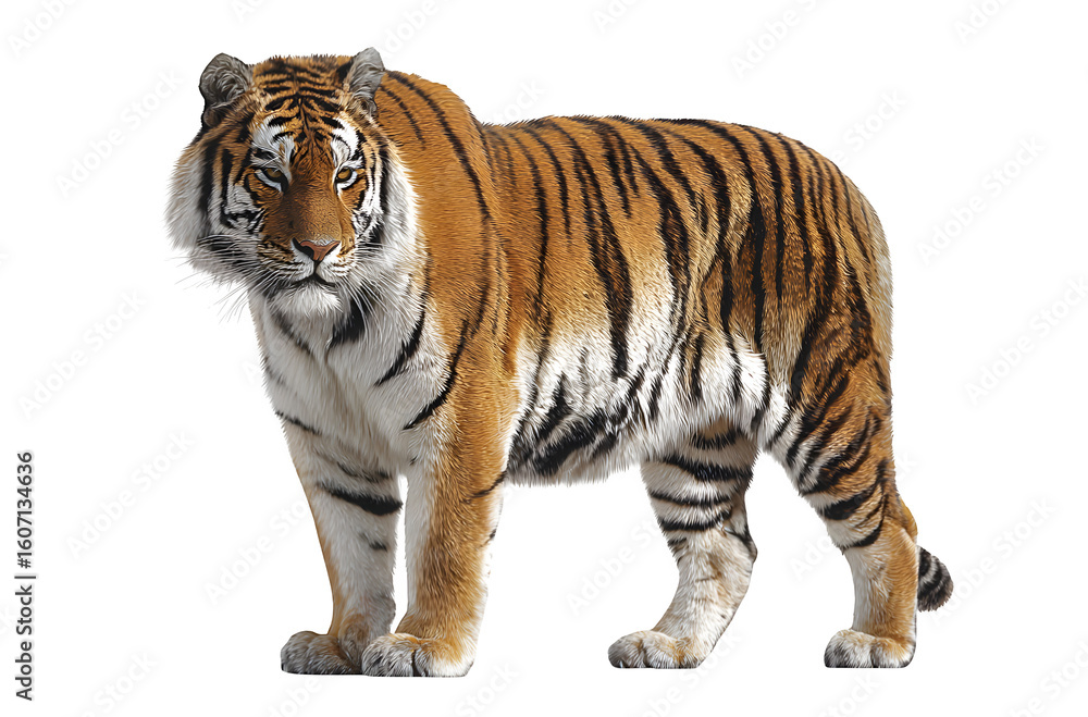 Obraz premium Majestic tiger standing tall with striking orange and black stripes, powerful predator in nature.