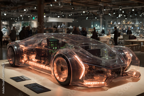 Futuristic transparent car showcases advanced technology in industrial workspace with glowing details and intricate design