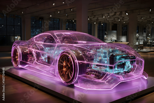 Futuristic transparent car showcases advanced technology in industrial workspace with glowing details and intricate design