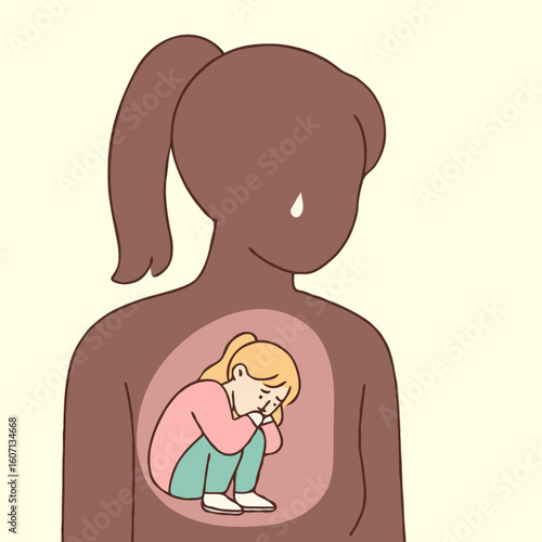 Young woman depicting sadness with girl inside her silhouette  