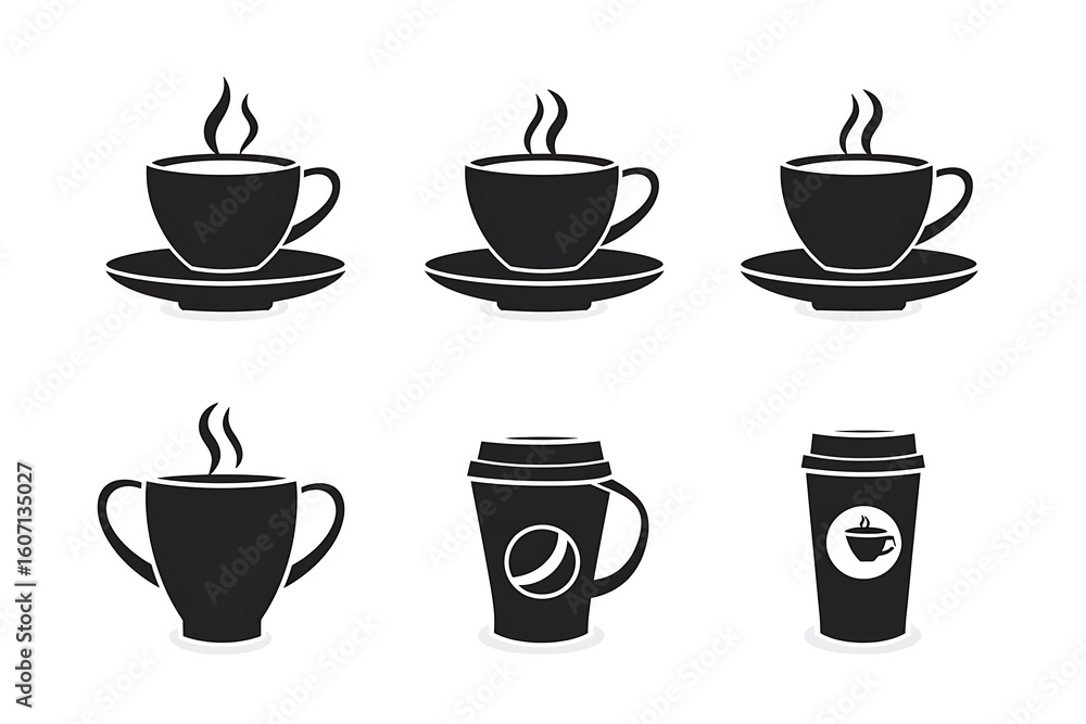 Obraz premium Minimalist vector-style illustration of six coffee cup silhouettes arranged in two rows of three