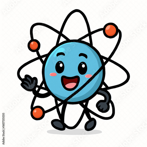 A cheerful, anthropomorphic atom character, with a bright blue core and orbiting electrons. 