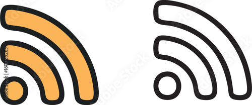 Two hand-drawn RSS feed icons, one orange and one a black outline, symbolizing syndication and news.