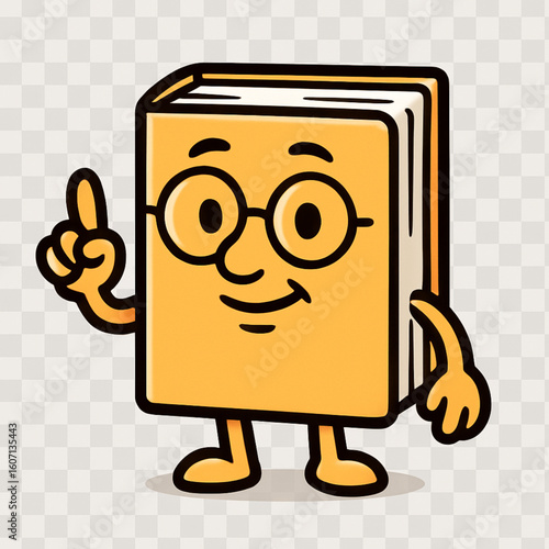 An intelligent, anthropomorphic book character, wearing round spectacles and pointing upwards with a thoughtful expression