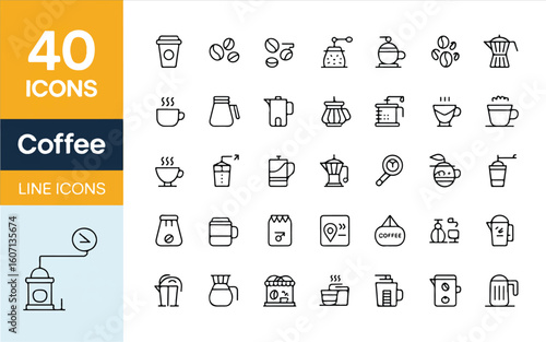 Forty thin line icons representing coffee making and consumption line art coffee cup