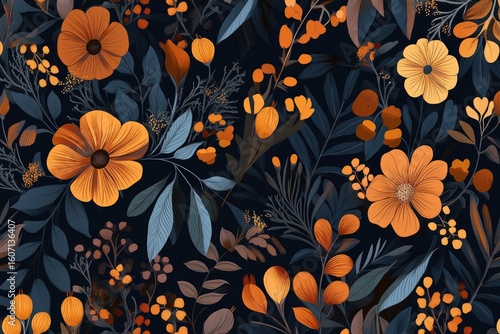 A rich floral pattern.  Deep navy background densely covered with orange-gold flowers and muted blue-grey leaves.  Soft details and varied flower sizes