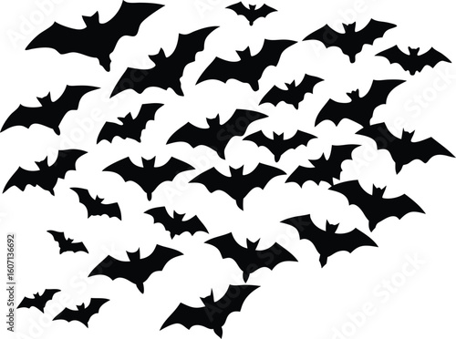 Minimal silhouette of a bat swarm flying at night isolated on transparent background