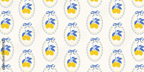 Hand drawn lemon pattern with vintage frame and ribbon. Retro countryside style design for fabric, stationery, wrapping paper, and cottage core inspired packaging. Vector doodle illustration.