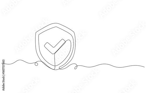 Shield with Checkmark Security and Verification Icon, Security shield drawn single line art style
