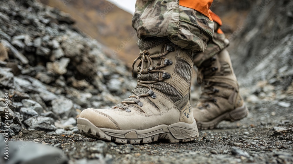 Military boots on rocky terrain Military boots on rocky terrain