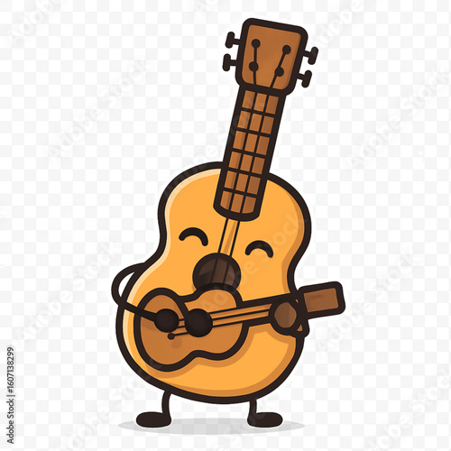 A happy, anthropomorphic acoustic guitar character with a wide, joyful smile and expressive eyes.