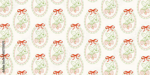 Hand drawn strawberry pattern with vintage frame and ribbon. Retro countryside style design for fabric, stationery, wrapping paper, and cottage core inspired packaging. Vector doodle illustration.