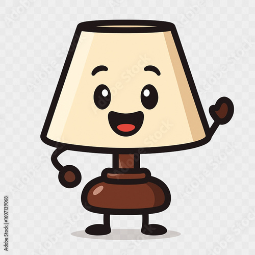 A cheerful, animated table lamp with a glowing, friendly face. The lampshade forms its head, with two large, happy eyes and a wide, upturned smile