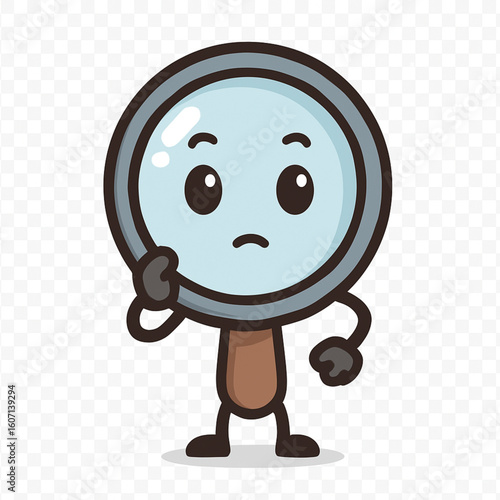 A cute, personified magnifying glass with a melancholic expression