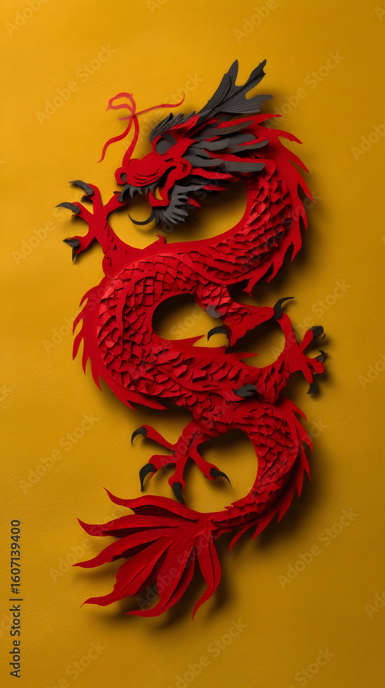 Fototapeta premium Vibrant red dragon artwork symbolizing power and strength in traditional Asian culture with a striking yellow background