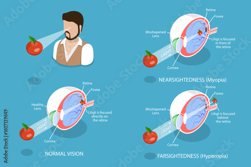 3D Isometric Flat Vector Illustration of Vision Disorder, Far-Sightedness And Near-Sightedness Anatomical Diagram