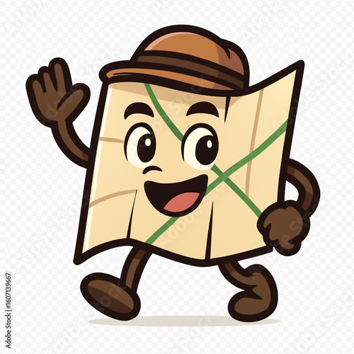 A cheerful, anthropomorphic map character with a wide smile and rosy cheeks, standing upright with arms outstretched in a welcoming gesture. 