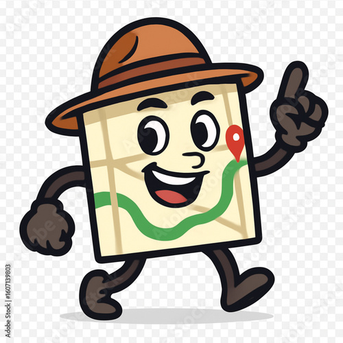 A cheerful, anthropomorphic map character with a wide smile and rosy cheeks, standing upright with arms outstretched in a welcoming gesture. 