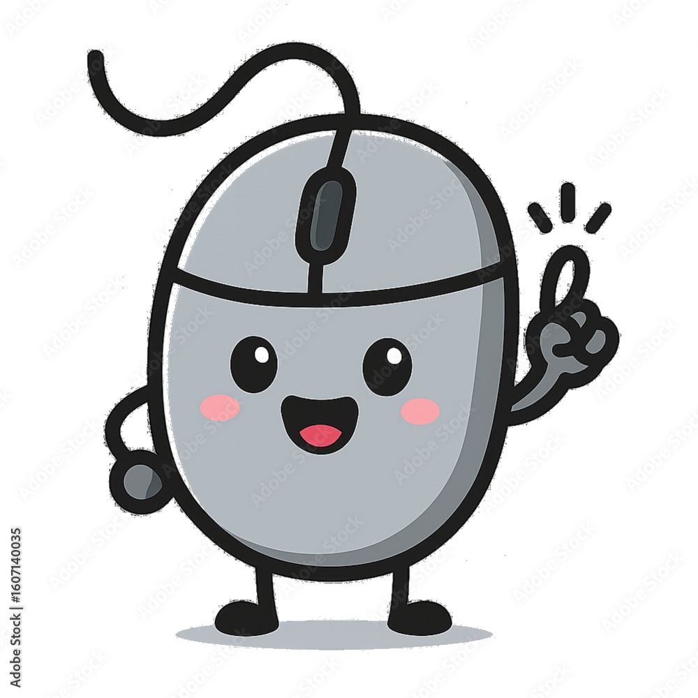 Fototapeta premium A charming illustration of a grey computer mouse, personified with a happy, smiling face and bright, expressive eyes.