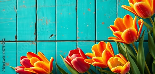 Rustic turquoise wood backdrop, vibrant tulip frame,  vibrant,  overhead