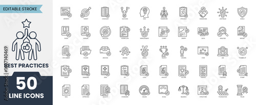 Best practices icon set. Containing target, workflow, improvement, growth, teamwork, standards and more. Vector illustration