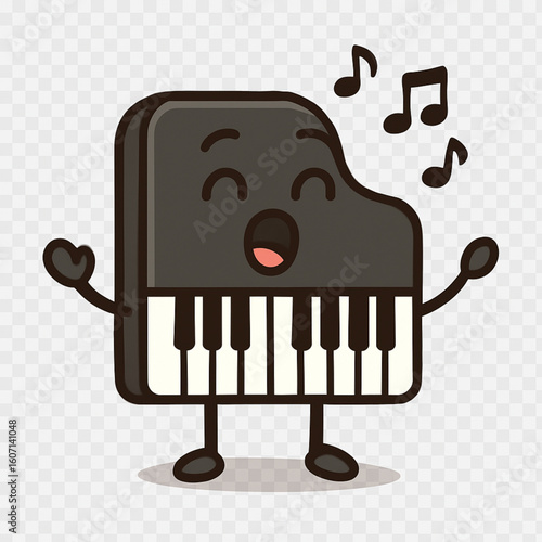 A charming cartoon grand piano character with a joyful expression, singing musical notes floating around its head.