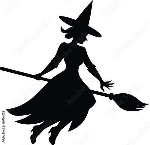 Clean minimal silhouette of a witch flying on a broomstick isolated on transparent background