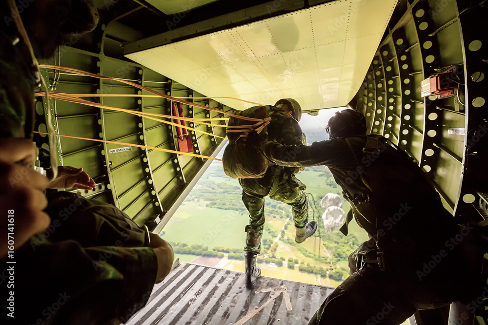 Ταπετσαρία Rangers parachuted from military airplanes, Soldiers parachuted from the plane, isolated airborne soldier, practice parachuting, Paratroopers jumping from an airplane