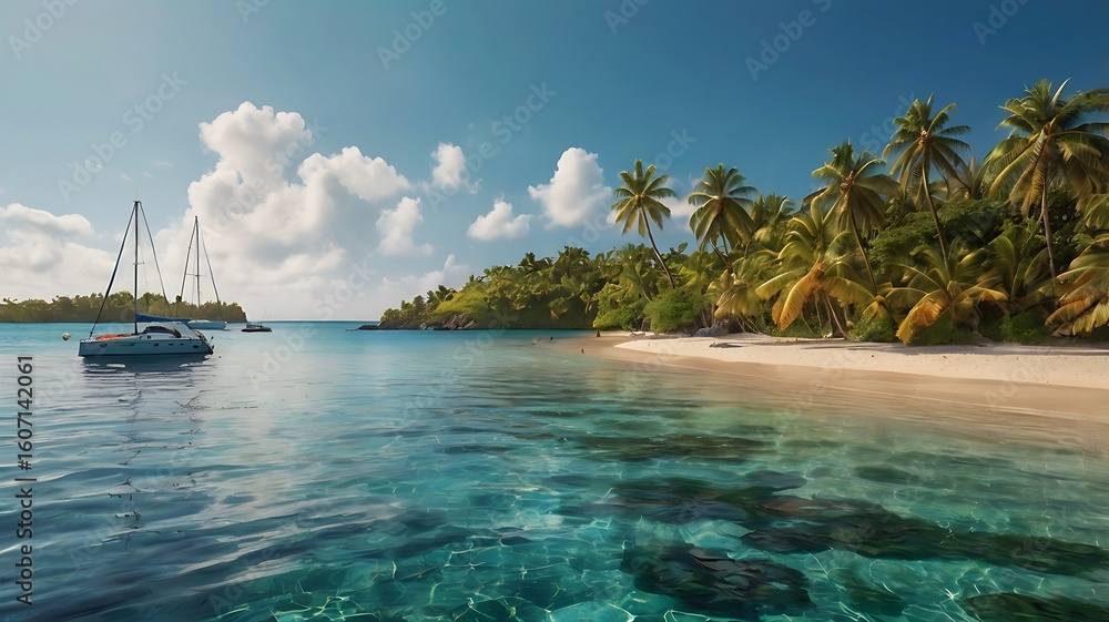 Naklejka premium Idyllic Tropical Beach Scene with Clear Turquoise Water and Lush Green Palm Trees on a Sunny Day
