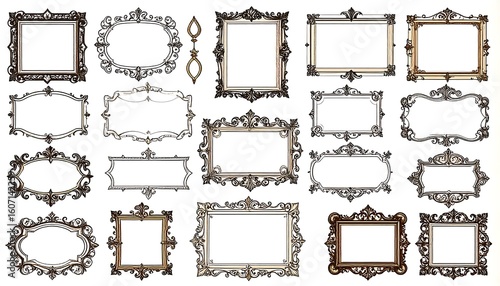 Ornate picture frames in various shapes and colors