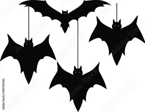 Minimal silhouette of bats hanging upside down isolated on transparent background