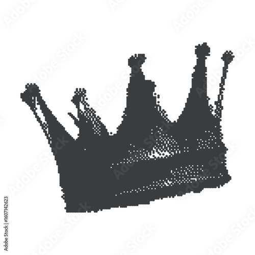 Grunge halftone crown with dotted photocopy texture in stencil silhouette style. Pixel monochrome graffiti sticker for royalty graphics, urban emblem art, tattoo icons, hip hop visuals.