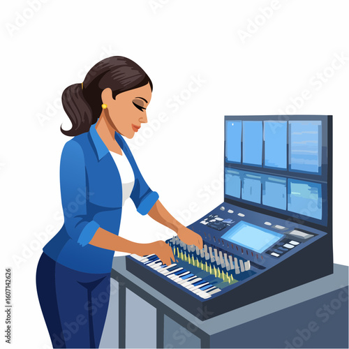 Woman operating a complex control panel with multiple screens and sliders